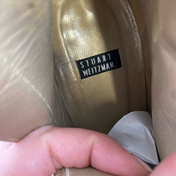 VTG Y2K Stuart Weitzman Leather Boots 7.5 Metallic Gold Pointy Toe Heels Staple - Picture 11 of 13